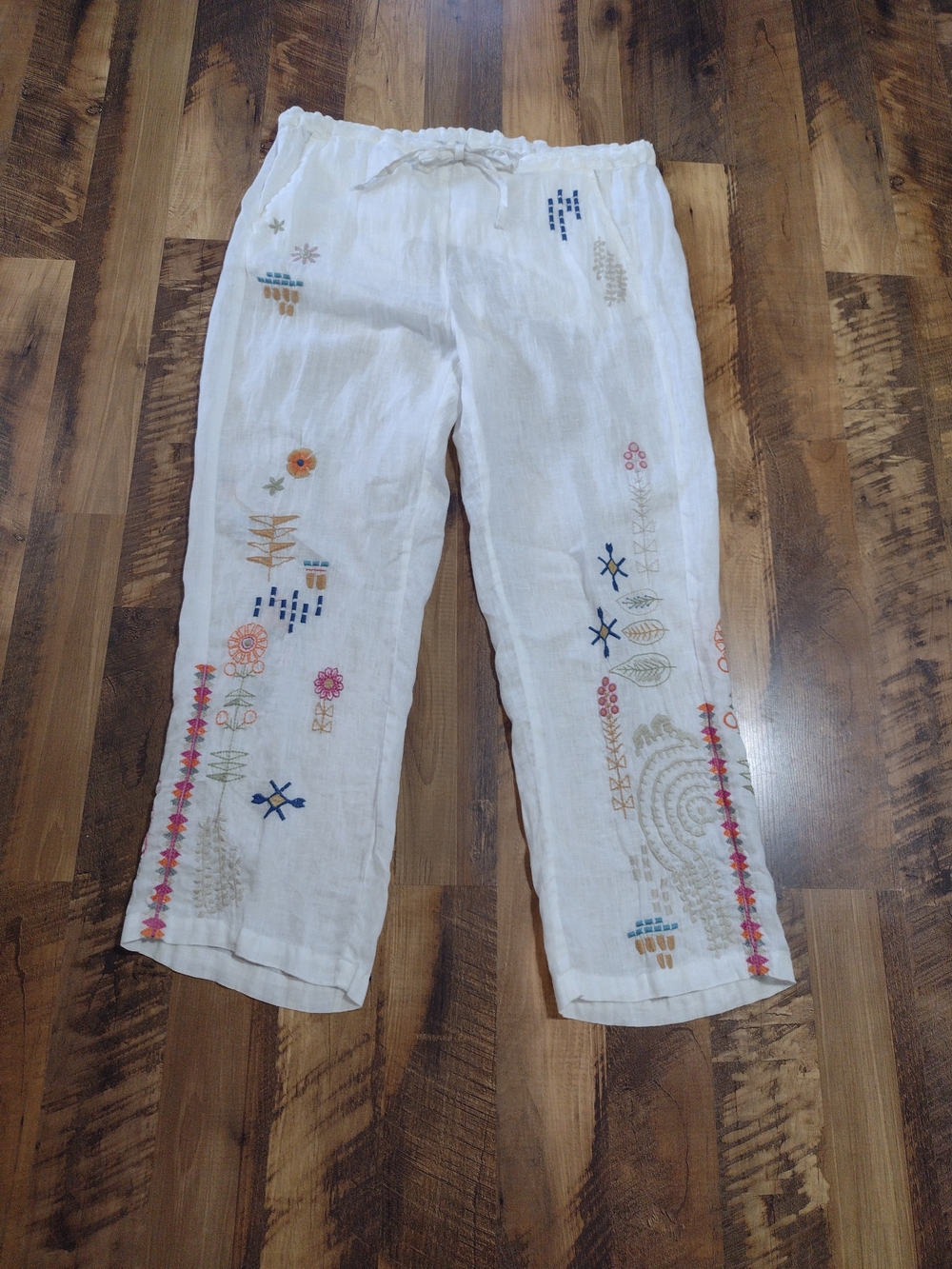 White Embroidered Linen-Blend Kids Pants